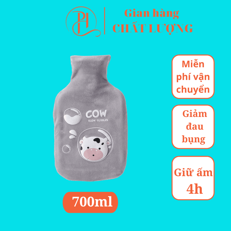 Túi chườm bụng kinh 700ml túi chườm nóng giảm đau bụng đau lưng nam tặng nữ Grey Cow 700ml