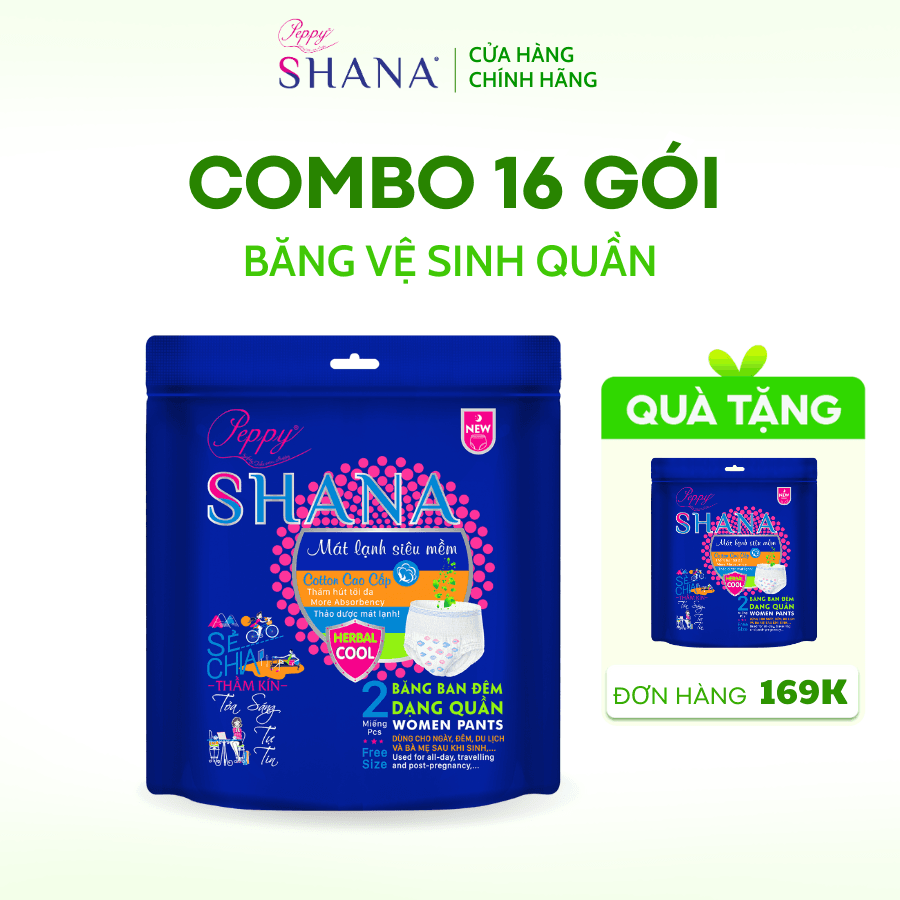 Combo 16 gói Băng Vệ Sinh Quần Peppy Shana Ngày Đêm Siêu Thấm Freesize Chống Tràn Tối Đa Tiết Kiệm 32 miếng