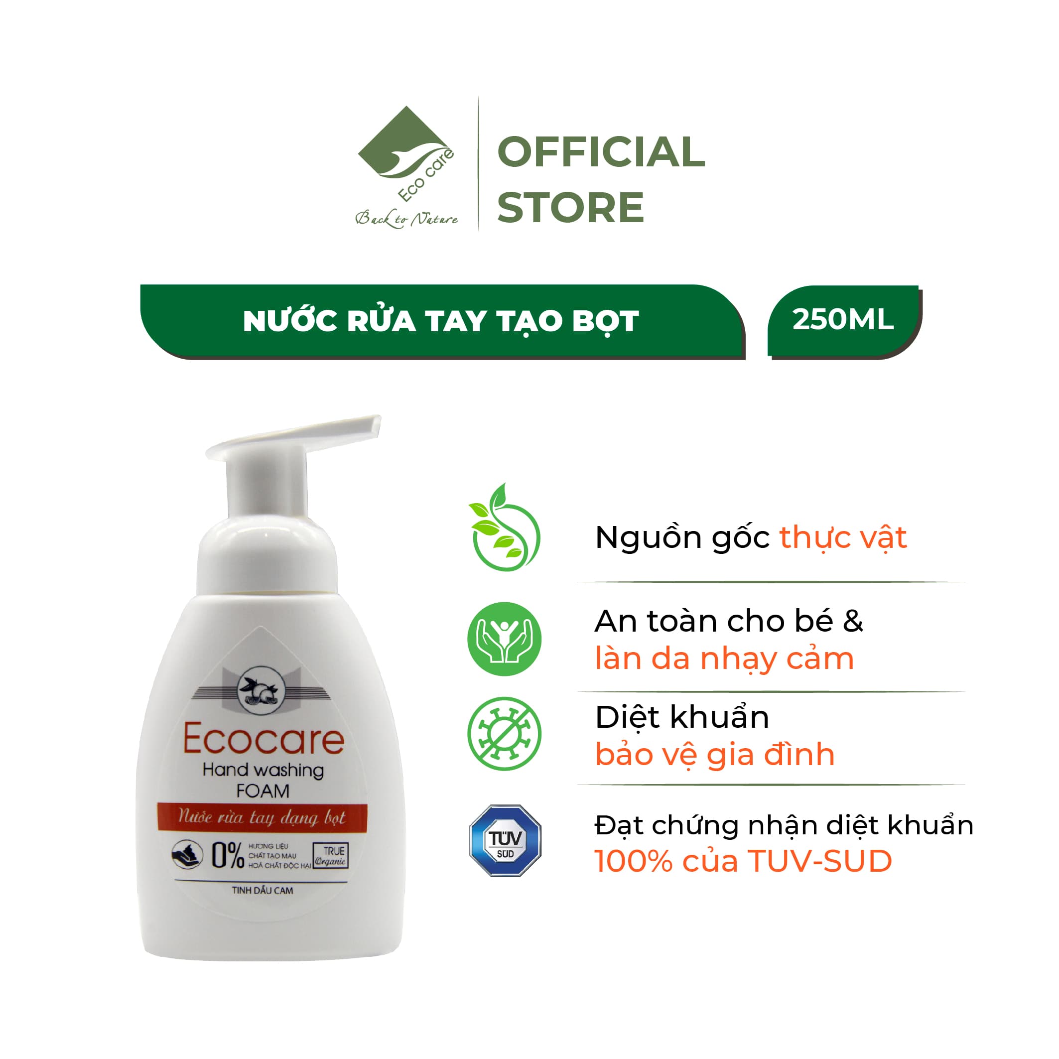 Nước rửa tay hữu cơ diệt khuẩn dạng bọt tinh dàu Cam 250ml thương hiệu Ecocare