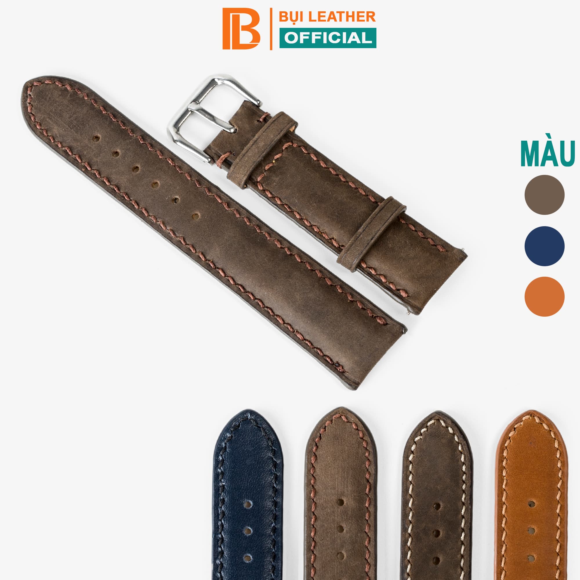Dây đồng hồ da bò Vintage Bụi Leather D111 Da thật khâu tay thủ công cao cấp Da sáp chỉ nâu 20MM