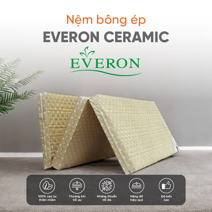 Nệm bông ép gấp 3 Everon Ceramic Lớp chần gòn êm ái Màu ngẫu nhiên. 160x200x09cm