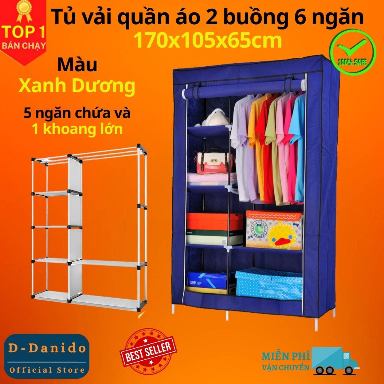 Tủ Quần Áo 2 Buồng 6 Ngăn Tiện Lợi Tủ Vải 170cm Chất Lượng Cao Chắc Chắn Vững Chãi miDoctor Xanh Dương
