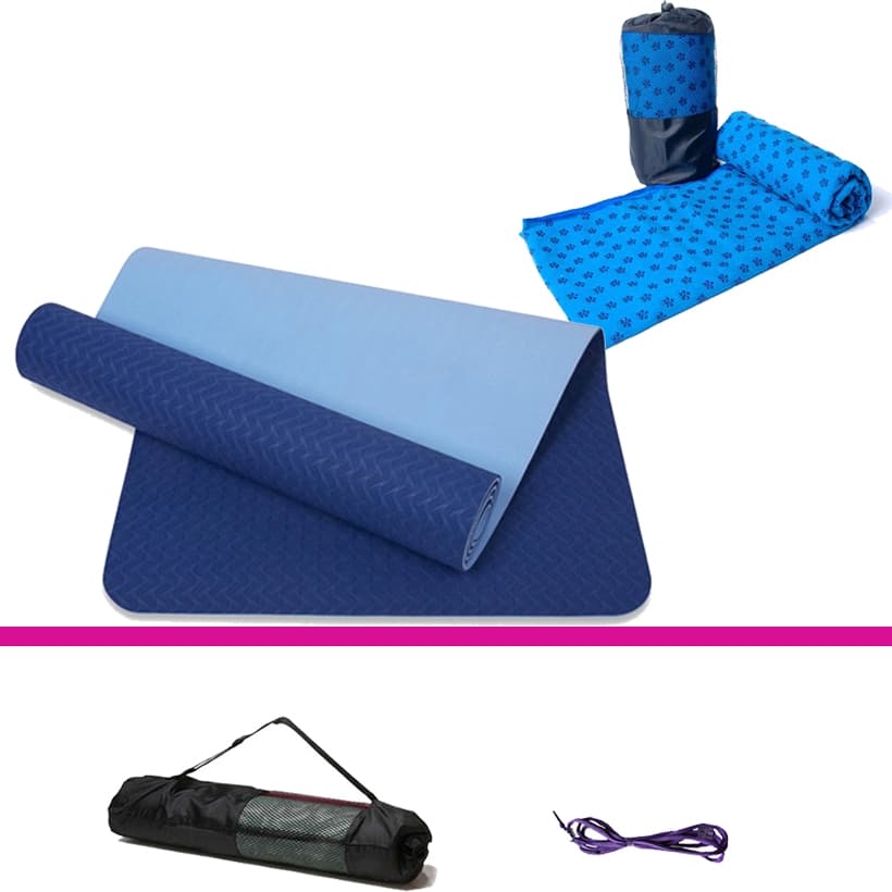 Combo Bộ Thảm Tập Yoga TPE 6mm 2 lớp Khăn Trải Thảm Màu Ngẫu Nhiên Xanh Dương 6mm 2 lớp