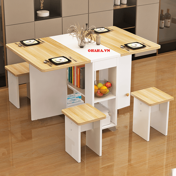 Kèm Ảnh Thực Tế Miễn phí vận chuyển &Lắp đặt Bộ Bàn Ăn Thông Minh Xếp Gọn OHAHA 4 Ghế Không Bánh Xe BA002 Trắng vàng Bàn 120