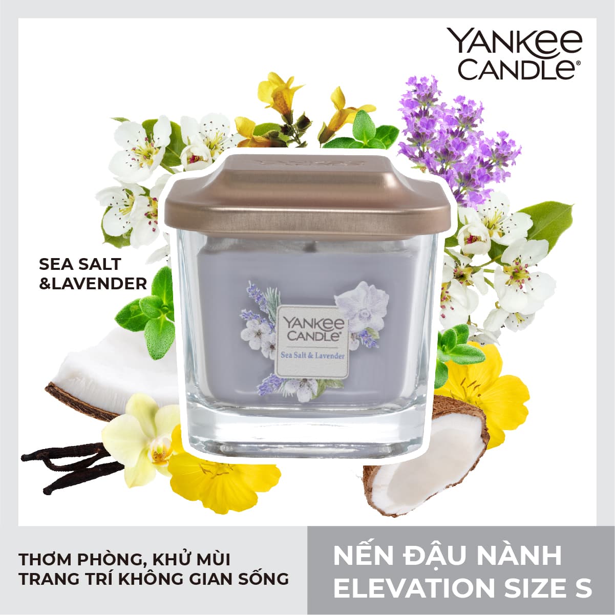 Nến ly vuông Elevation Yankee Candle size S Sea Salt Lavender 96g