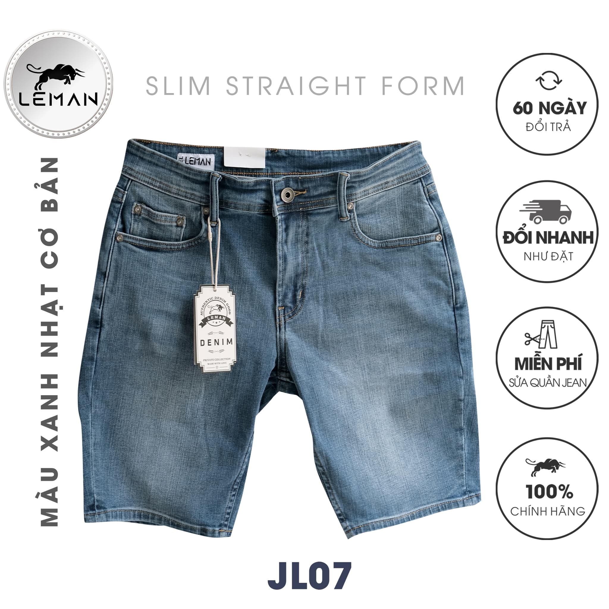Quần Short Jean nam Leman xanh trơn JL07 Slim straight Form Xanh jean 30