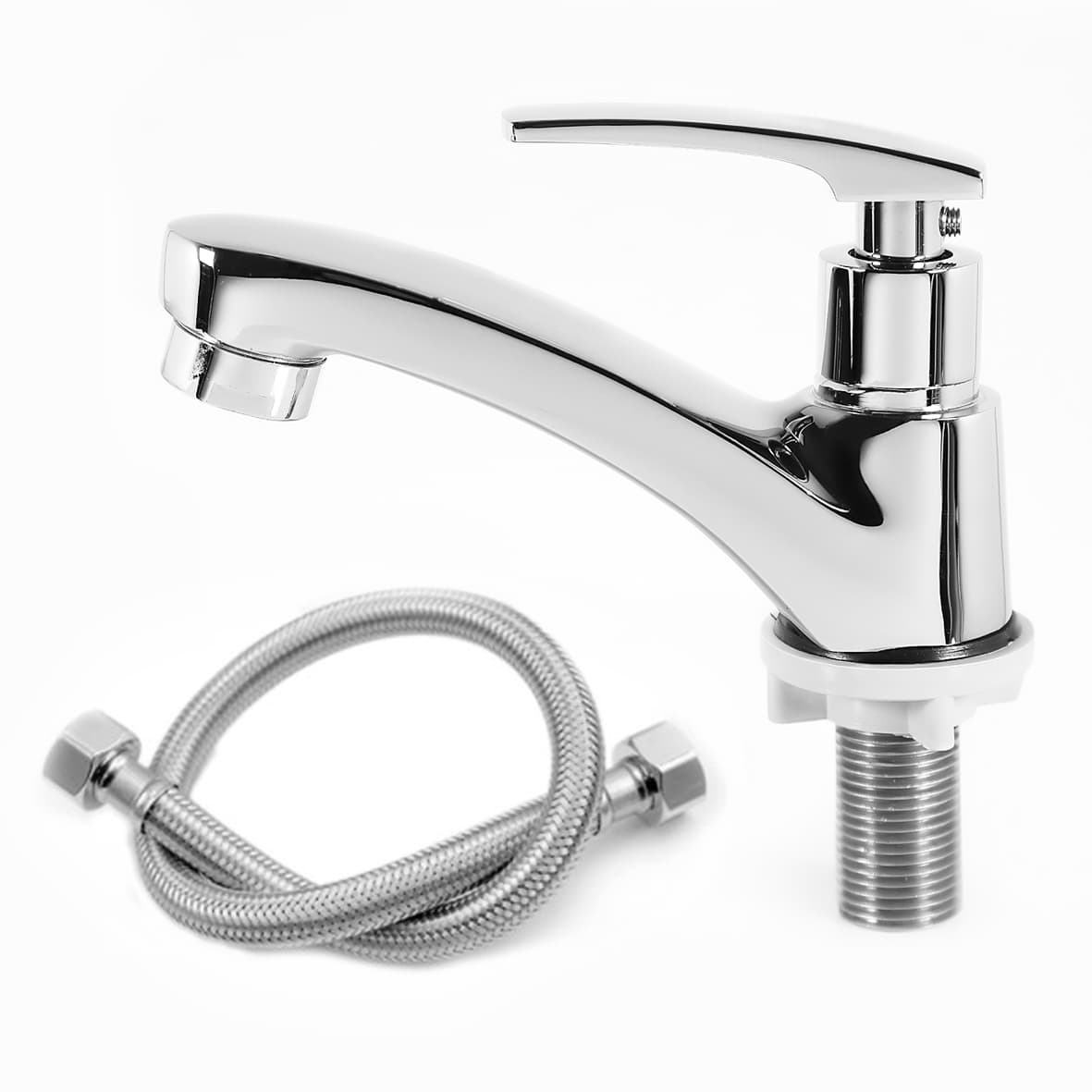 Vòi chậu rửa mặt rửa tay Lavabo lạnh đồng thau mạ crome Vòi kèm dây cấp nước DC02 5tấc