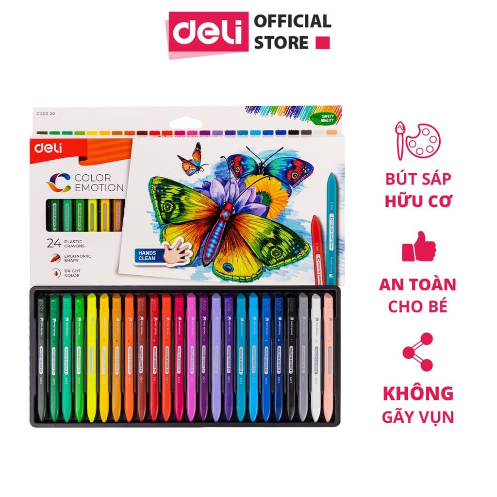 Bút sáp màu 121824 màu an toàn cho bé Deli Phù hợp cho học sinh mẫu giáo tiểu học cấp 1 tập vẽ tô màu 12 màu
