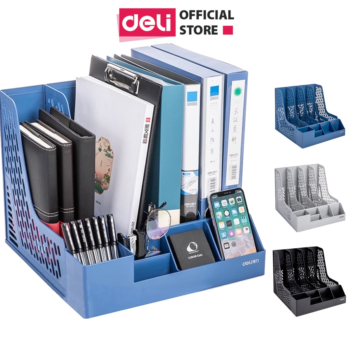Set giá tài liệu 4 ngăn kèm hộp bút Deli Xanh Dương Xám Đen 78981 Xám
