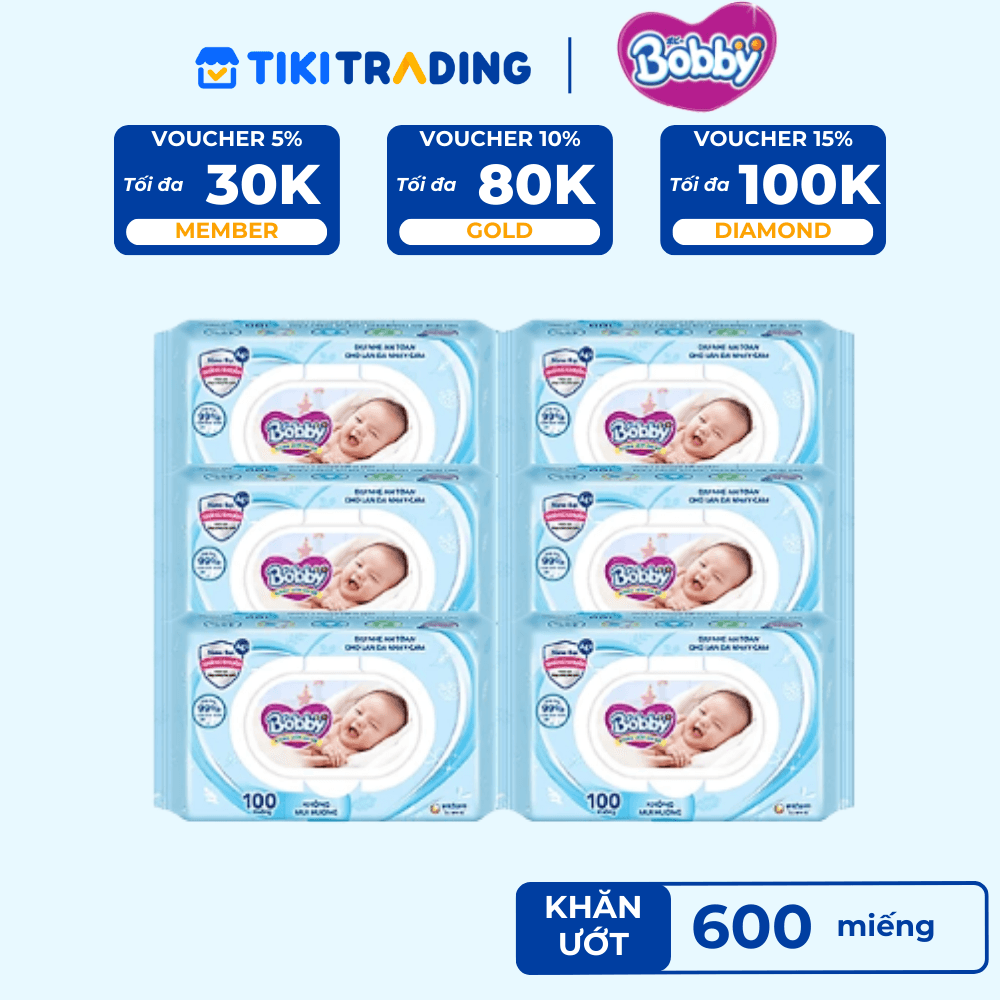 Combo Tiết Kiệm 6 Gói Khăn Ướt Bobby Care Không Hương 100 MiếngGói