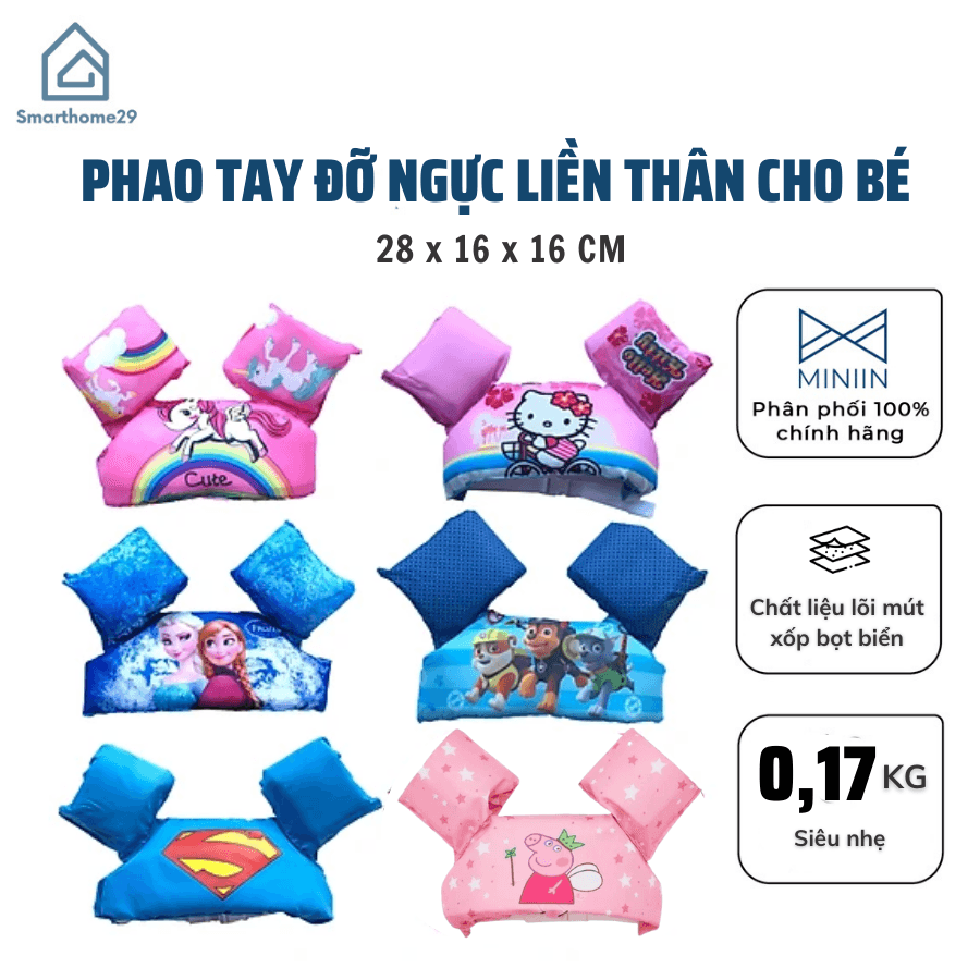 Phao Bơi Cho Bé Phao Tập Bơi Liền Thân Đỡ ngực Phao Tay Chống Lật Khi Xuống Nước Đi Biển màu bé gái