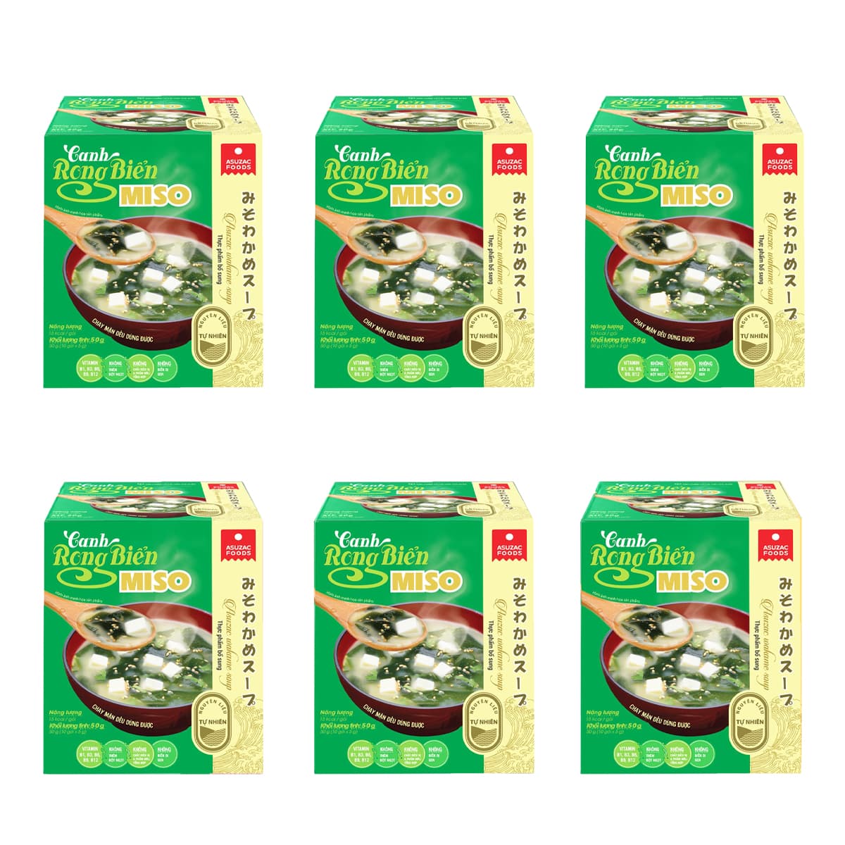 Combo 6 hộp Canh rong biển chay Asuzac Canh rong biển đậu hũ Asuzac hộp 48g Canh rong biển Miso Asuzac hộp 50g Combo 6 hộp Canh rong biển Miso Asuzac