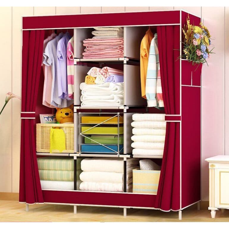 Tủ Vải Áo Quần Đa Năng Tiết Kiệm Diện Tích Khung Sắt Chắc Chắn Vải Chống Thấm MINIIN Đỏ đô 3 buồng