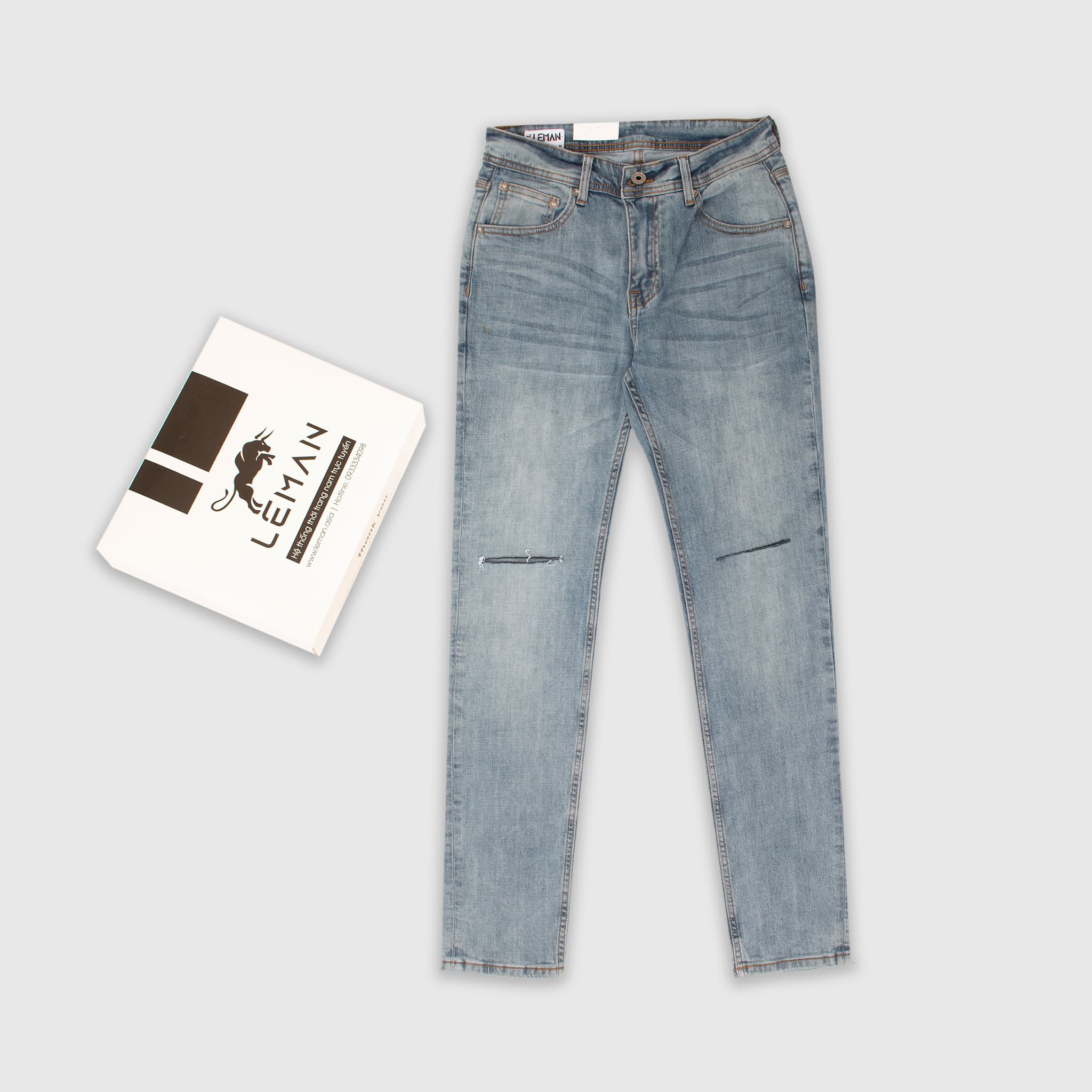 Quần Jean nam Leman xanh bạc rách JD18 Slim Form 30 XANH BẠC