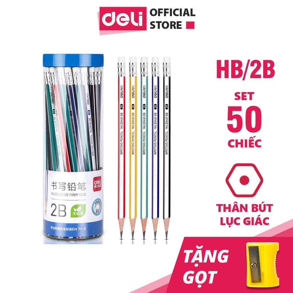 50 Chiếc Bút Chì Gỗ Tự Nhiên Deli Dễ Gọt Và Nhạy Với Máy Chấm Thi Kèm Tẩy Và Gọt Bút Chì Loại HB2B 2B Hộp 50 chiếc