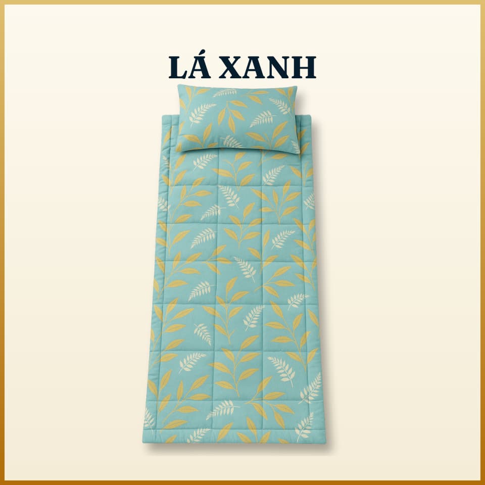Combo nệm ngủ trưa văn phòng cao cấp A 80x190cm 1 gối hơi 35 x 50 cm tặng kèm 1 vỏ gối cotton poly cùng màu Lá xanh