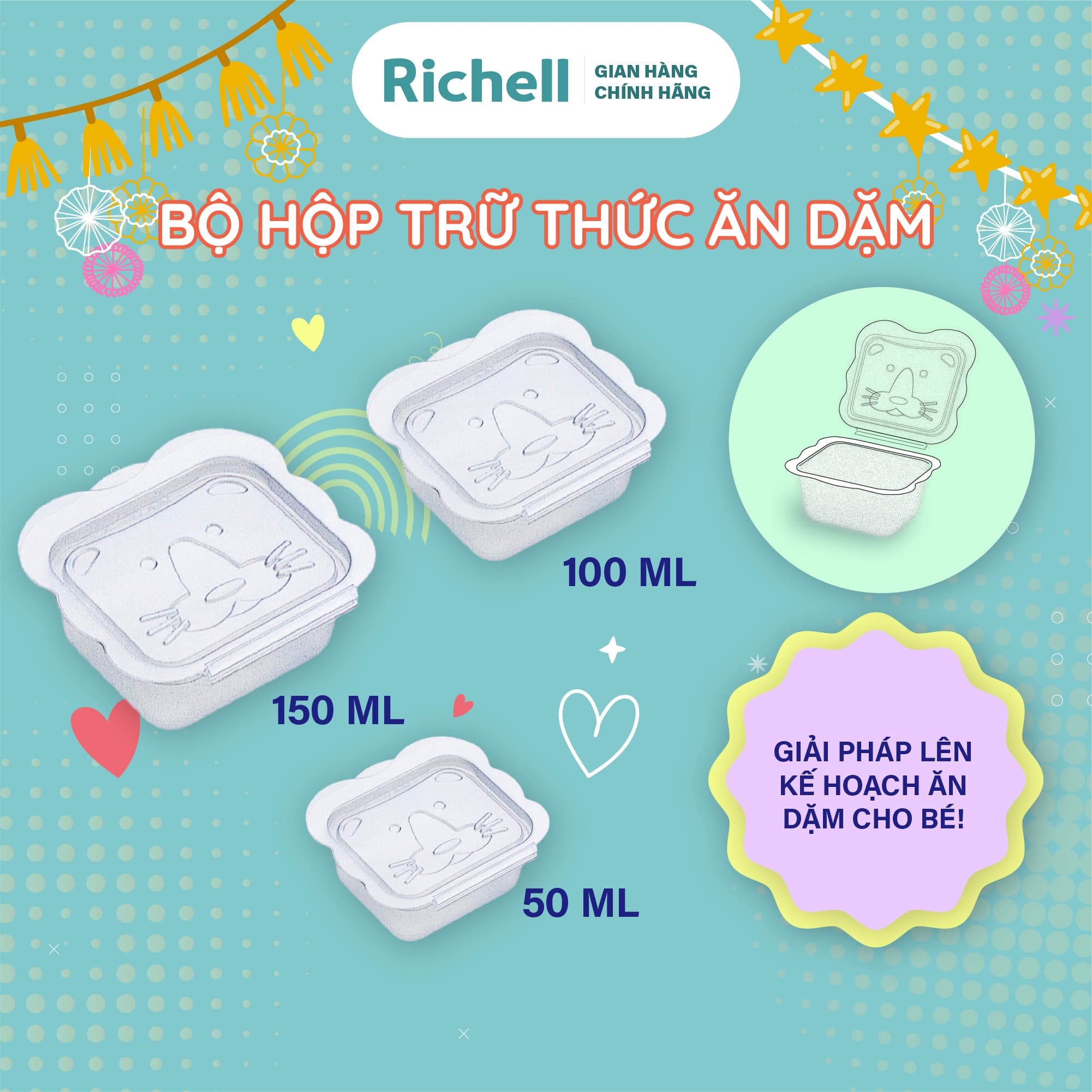 Bộ Hộp Trữ Thức Ăn Dặm Richell 50 100 150ml Bộ 8 hộp 100ml