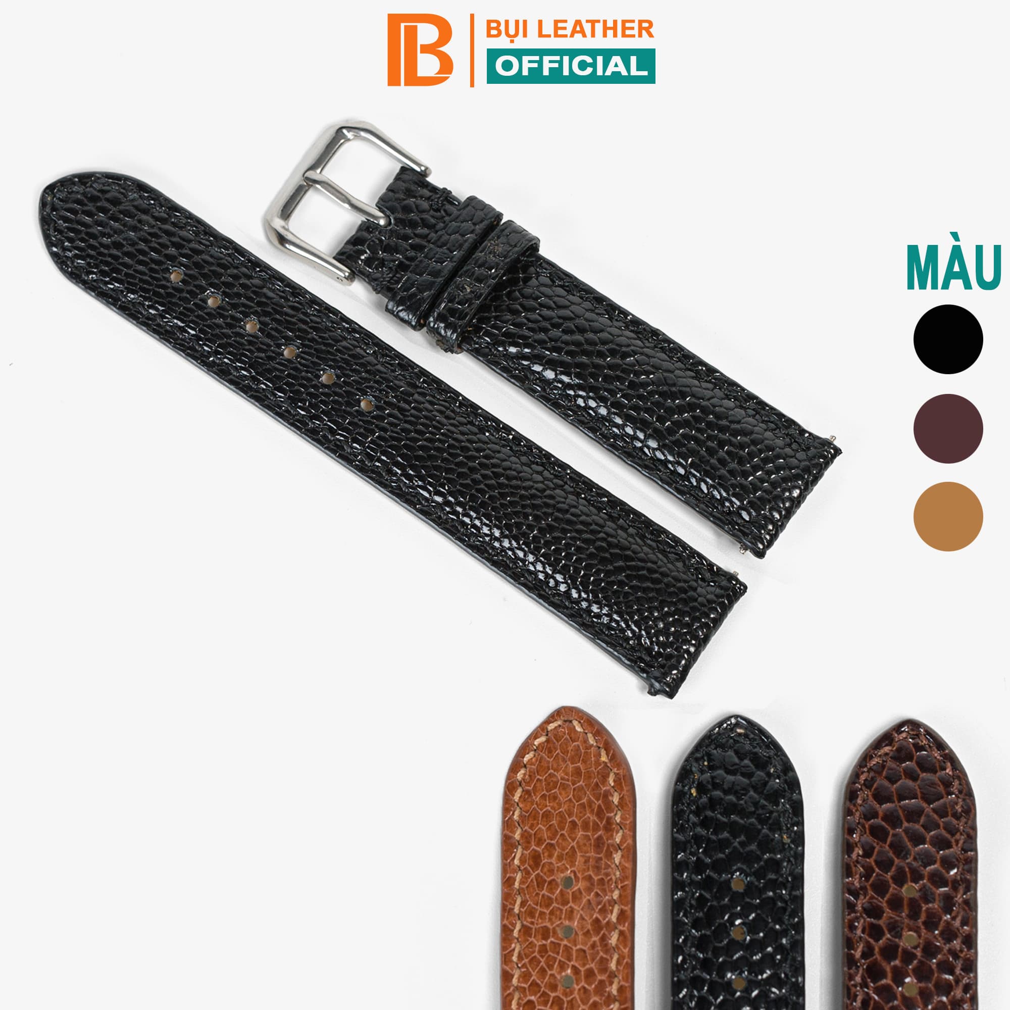 Dây đồng hồ nam da đà điểu Bụi Leather D104 Da thật khâu tay thủ công cao cấp Đen 20mm