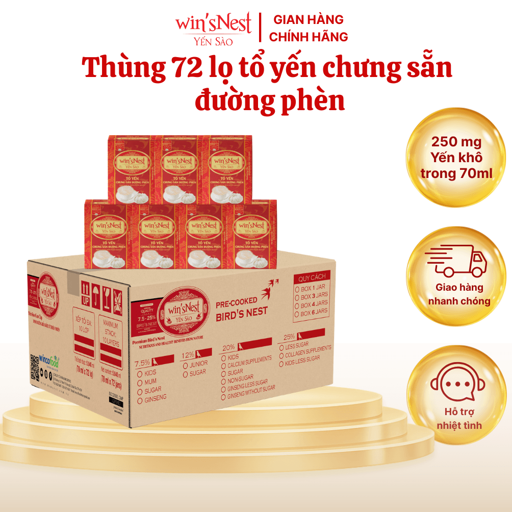 Thùng 72 lọ Yến sào winsNest 250mg 20 tổ yến chưng sẵn đường phèn 70 ml lọ