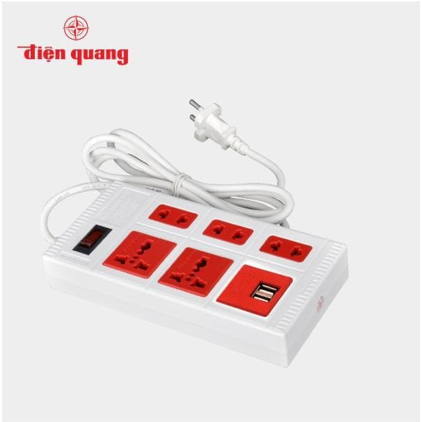 Ổ Cắm ECO Điện Quang ĐQ ESK 5ECO 2A 5 lỗ 2 cổng USB 2.0A màu trắng đỏ 5 mét