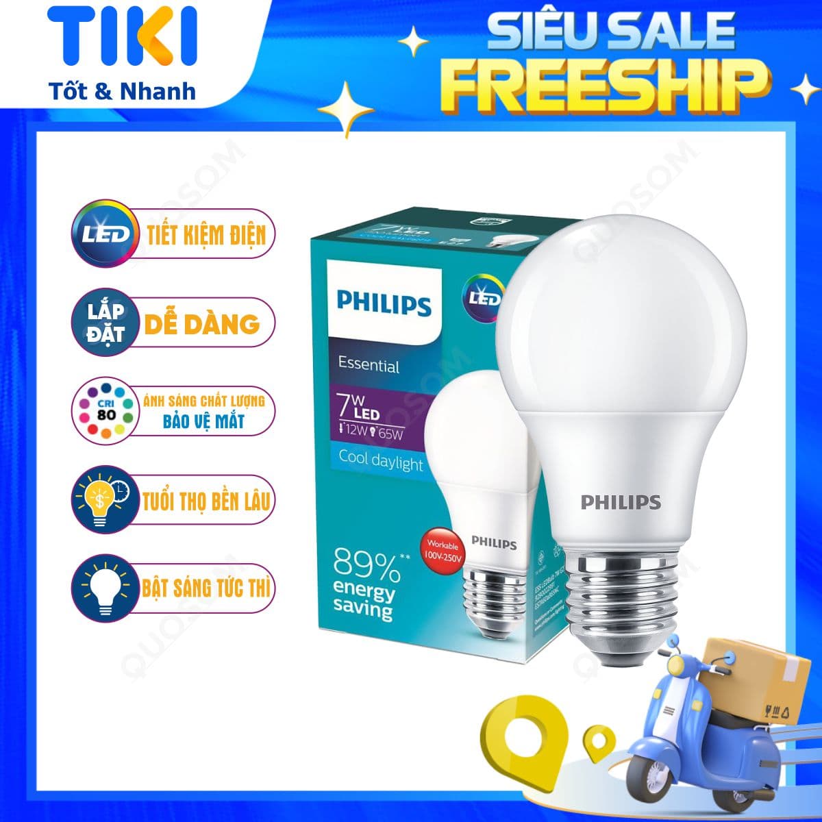 Bóng đèn LED Bulb PHILIPS Essential E27 Tiết kiệm điện Ánh sáng chất lượng cao 7W Ánh sáng trắng 6500K