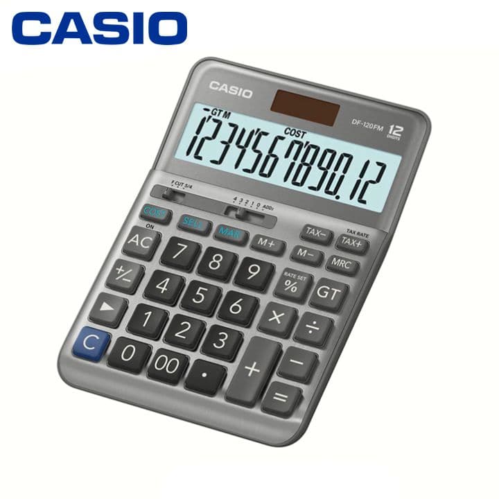 Máy Tính CASIO DF 120FM Cỡ Trung Bề Mặt Kim Loại Số To Xám Ánh Kim