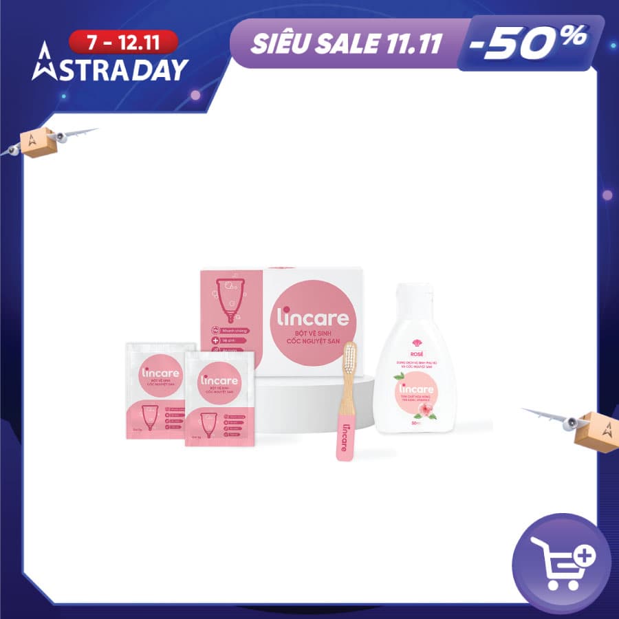 Combo sạch sâu vệ sinh cốc nguyệt san 3 món Bột tiệt trùng cốc nguyệt san DDVS Lincare và bàn chải Lincare Rose