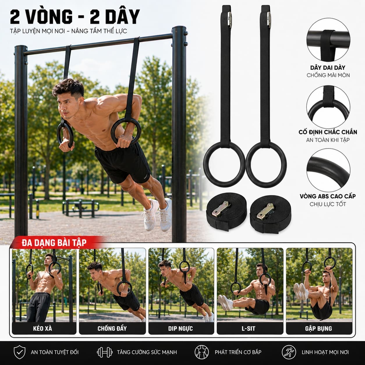 Bộ Vòng Treo Gymnastic Rings Tập Calisthenics Xà Vòng Hỗ Trợ Dip Pull Up Bodyweight 1 Đôi