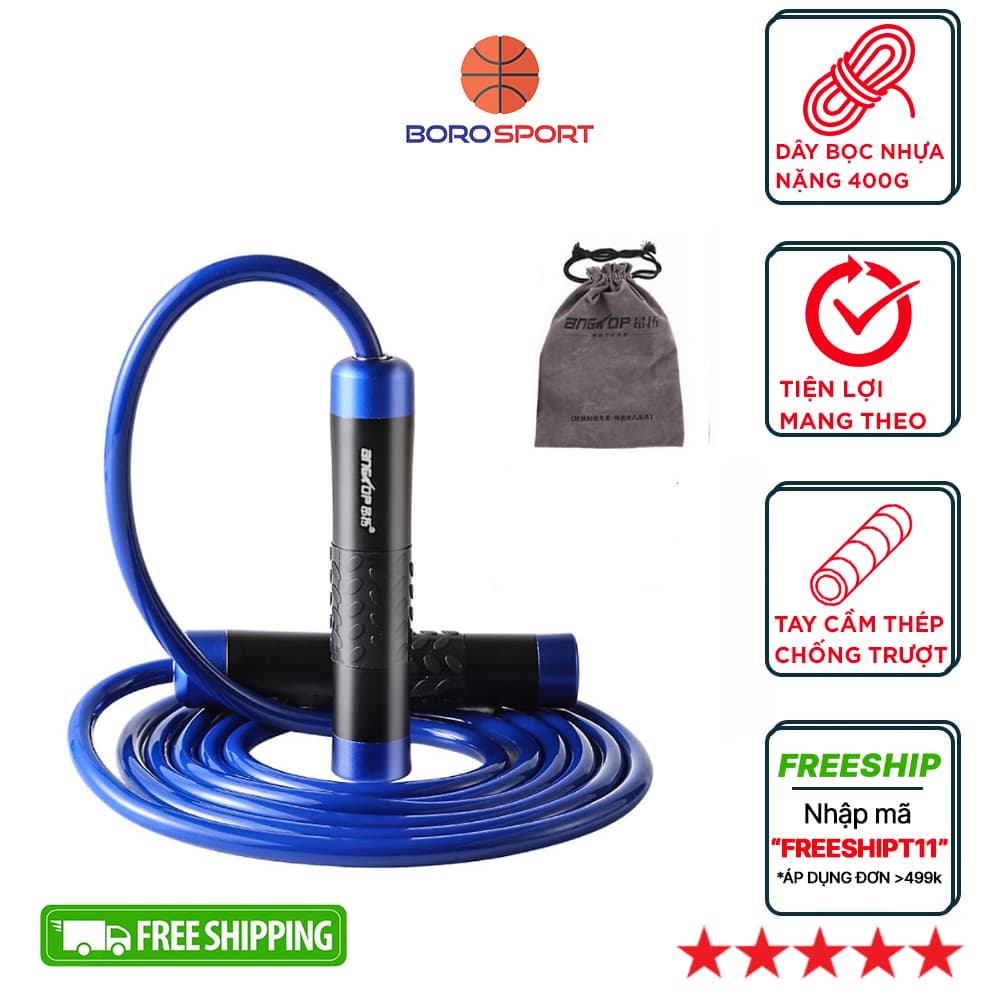 Dây nhảy thể lực CLEACCO trọng lượng nặng 400g tay cầm kim loại đầm tay dùng trong Boxing Muay Thai giúp đốt cháy calo nhanh tặng kèm túi vải BORO SPORT Dây nhựa PVC Xanh dương