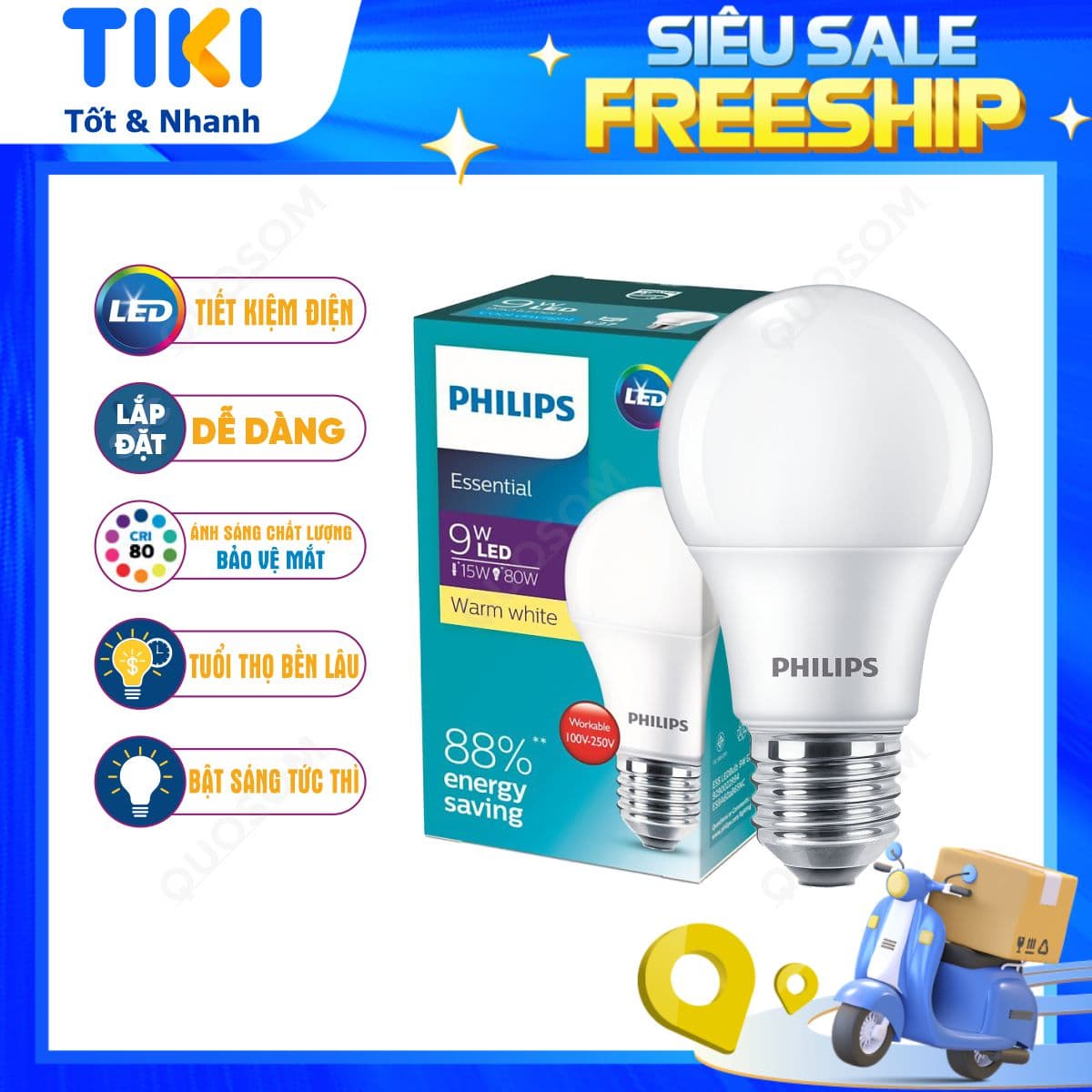 Bóng đèn LED Bulb PHILIPS Essential E27 Tiết kiệm điện Ánh sáng chất lượng cao 9W Ánh sáng vàng 3000K