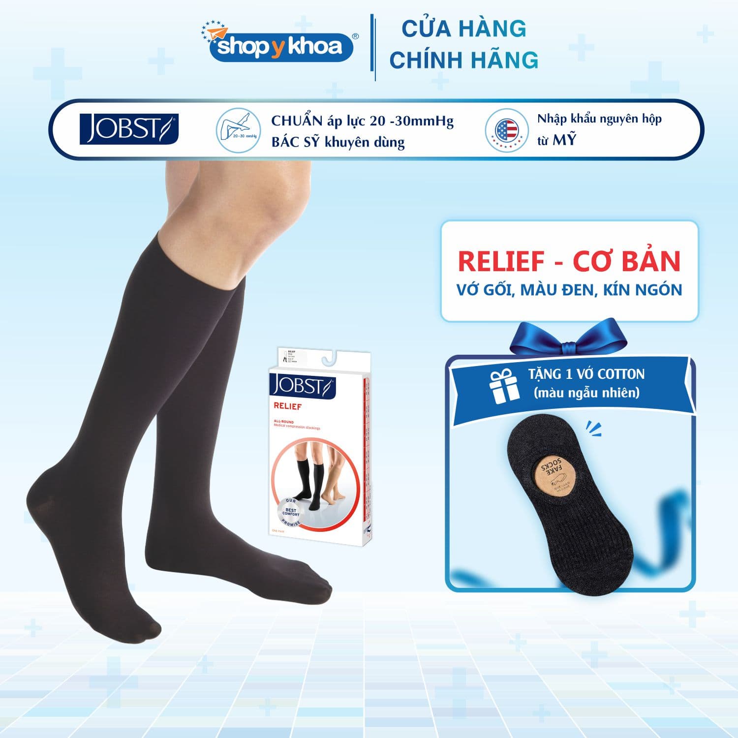 Vớ y khoa gối JOBST Relief Cơ bản màu đen kín ngón 20 30mmHg giãn tĩnh mạch chân tất y khoa M Đen Kín ngón