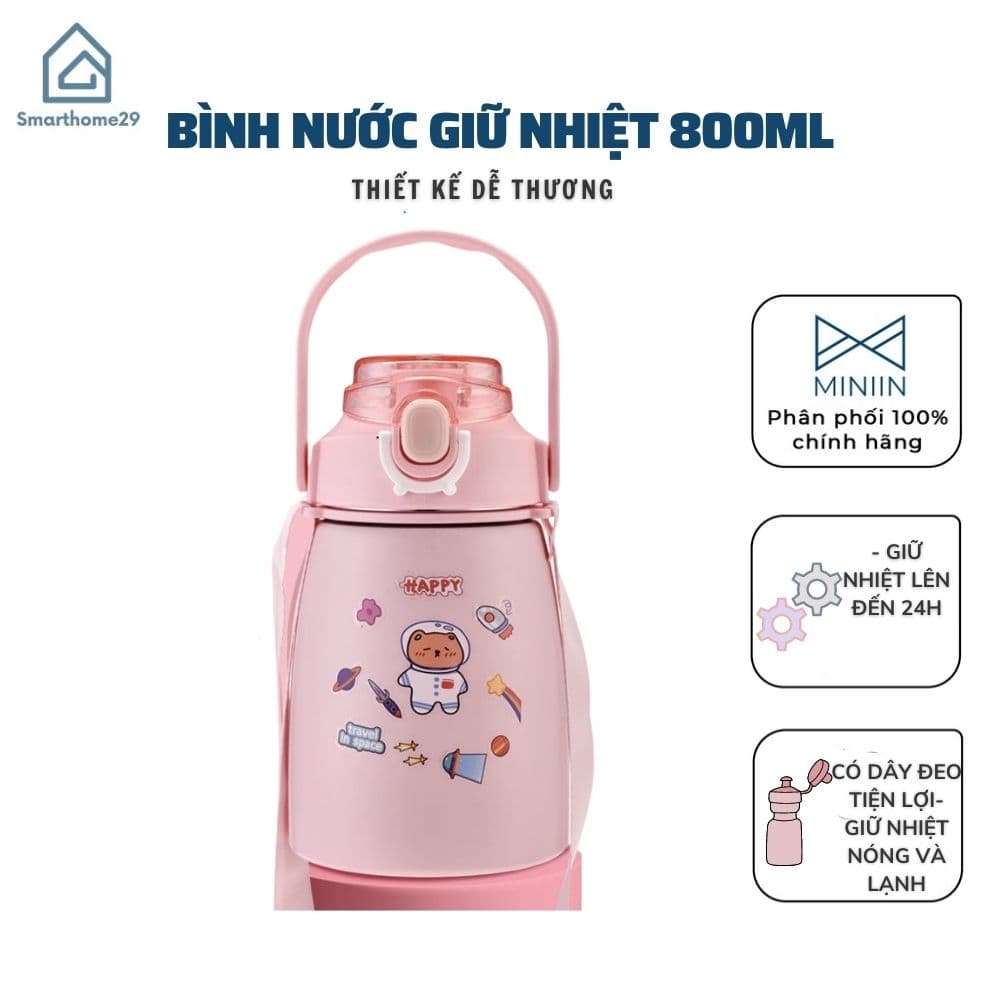 Bình Nước Giữ Nhiệt Cute 800ml Chất Liệu Inox 304 Giữ Nhiệt Không Gỉ Nóng Lạnh 24 Giờ Kèm Ống Hút Và Sticker Hàng Loại 1 MINIIN Hông