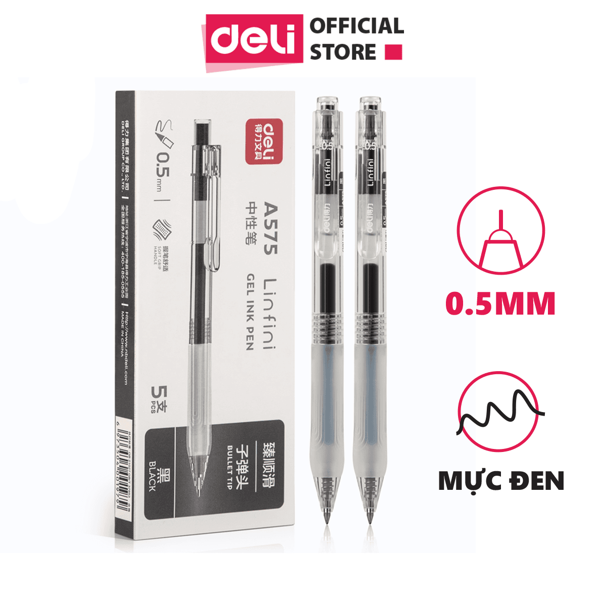 Bút Bi Nước Mực Gel Bấm Ngòi 0.5mm Deli Có Ngòi Thay Thế Viết Trơn Đều Phù Hợp Ghi Chép Văn Phòng Học Sinh Sổ Tay A575 Bút Mực Đen 1 cây