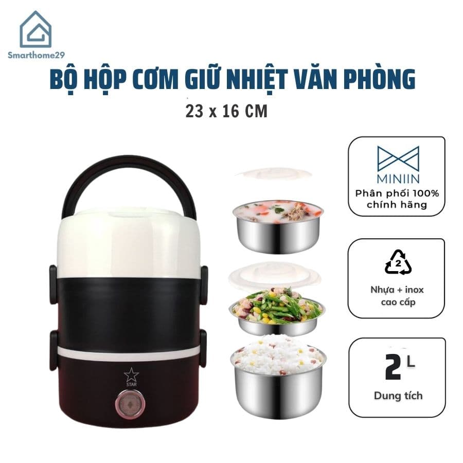 Bộ Hộp Cơm Giữ Nhiệt Văn Phòng Cao Cấp Cắm Điện inox 3 Tầng MINIIN