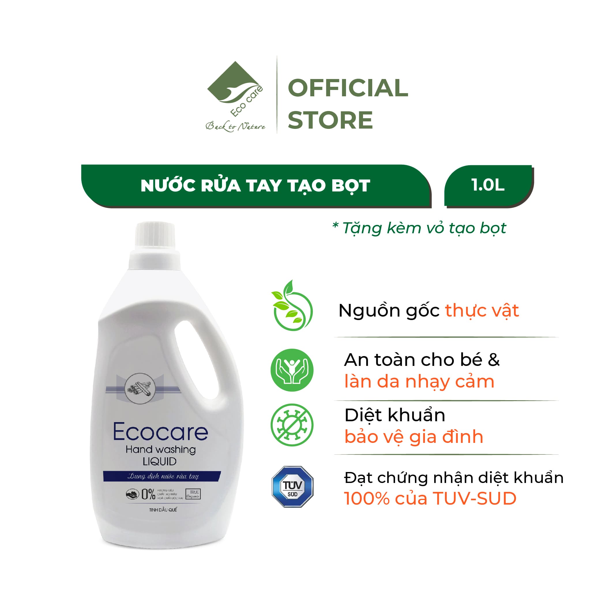 Nước rửa tay hữu cơ diệt khuẩn dạng bọt tinh dầu Quế 1L thương hiệu Ecocare tặng kèm vỏ tạo bọt