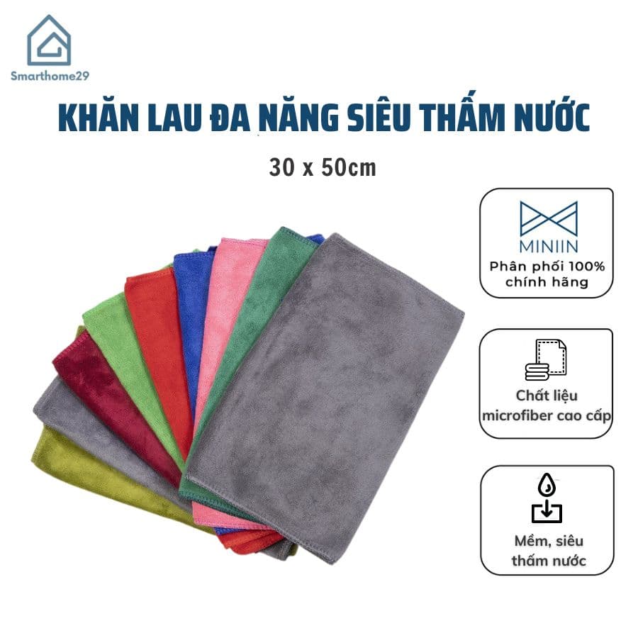 Khăn lau đa năng bằng sợi Microfiber siêu mềm siêu thấm nước 30x50cm MINIIN Giao màu ngẫu nhiên combo 10 khăn