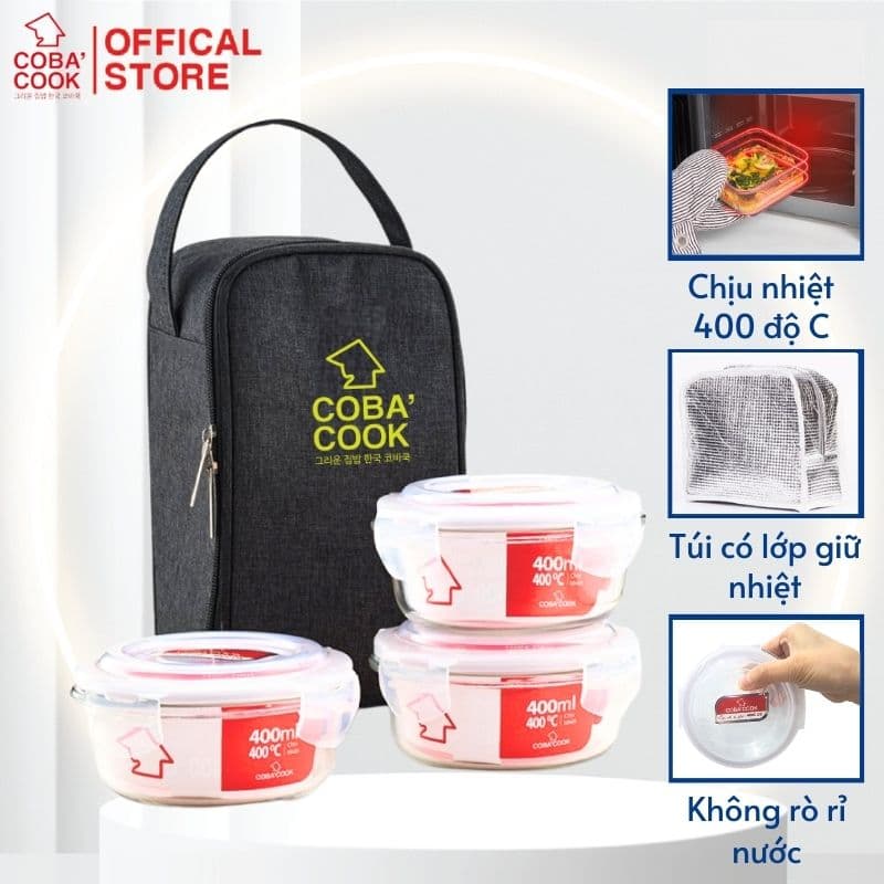 Bộ Hộp Đựng Cơm Thủy Tinh 3 Hộp Kèm Túi Vải Giữ Nhiệt 3 Hộp Tròn 400ml Túi Dài