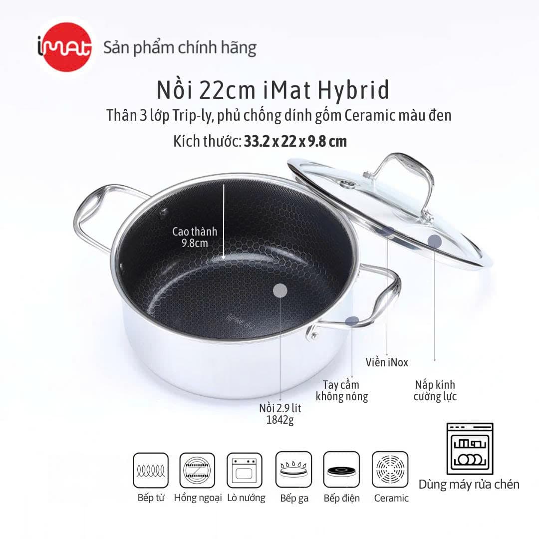 Nồi nông inox iMat Blackcube 22cm Cao 9.8cm Thể tích 3.2l Phủ chống dính Ceramic
