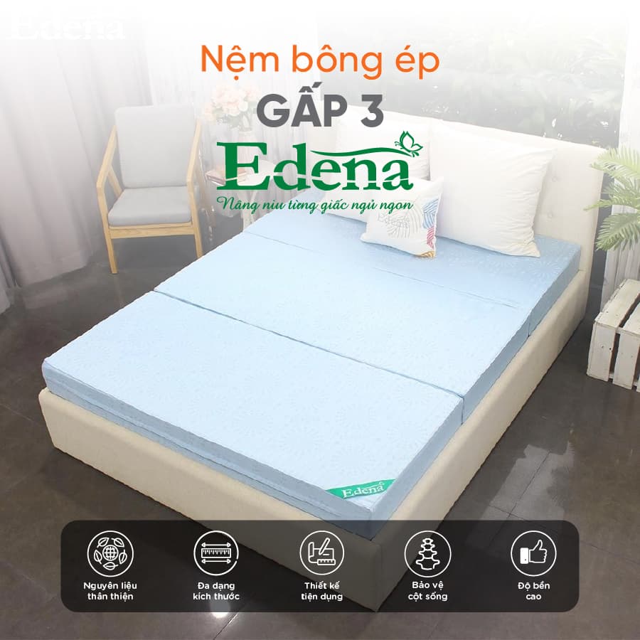 Nệm Bông Ép Gấp 3 Edena Cao Cấp Độ cứng cao 160x198x05cm