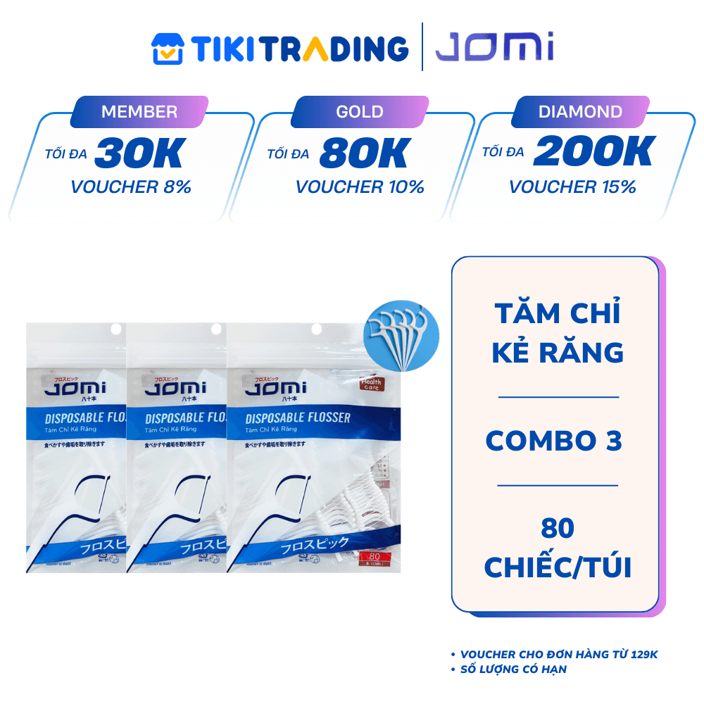 Combo 3 Túi Tăm Chỉ Kẽ Răng Chất Lượng Nhật Bản Jomi Disposable Flosser 80 chiếctúi