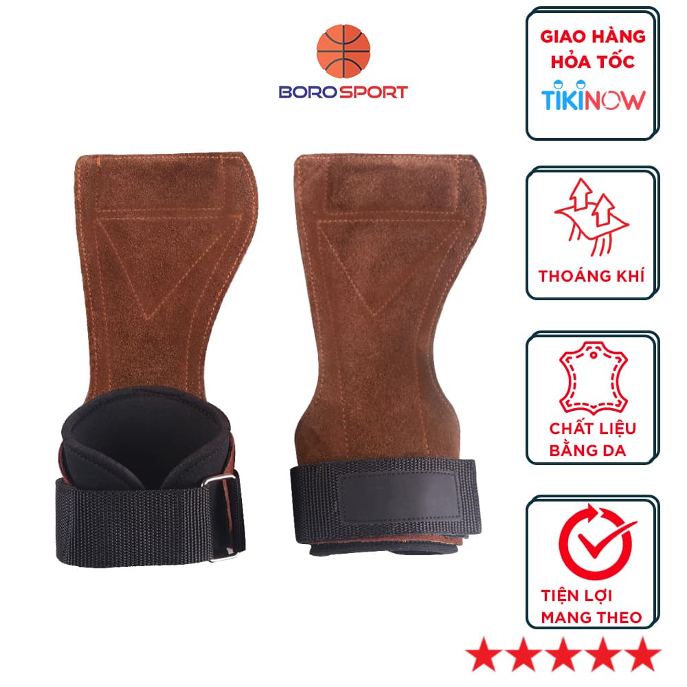 Găng Tay Tập GYM Da Bò Hở Mu Bàn Tay Lifting Grips Dây Kéo Lưng BORO SPORT Nâu