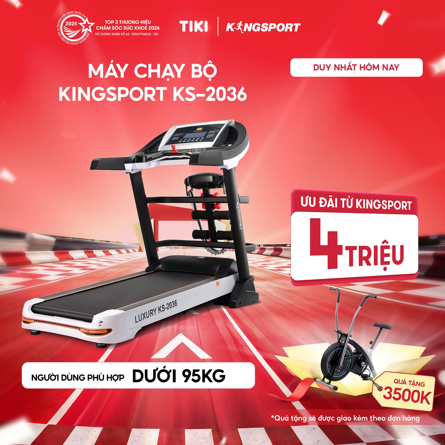 Miễn phí lắp đặt Máy chạy bộ tại nhà Kingsport Luxury KS 2036 có chức nâng dốc tự động kèm theo đai massage và thanh gập bụng