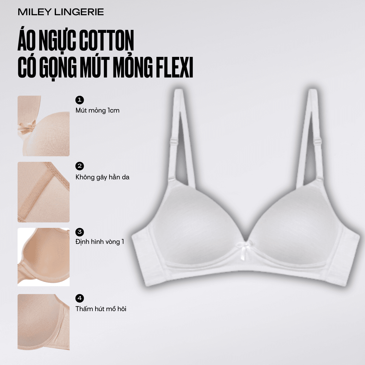 Áo Ngực Nữ Không Gọng Cotton Lụa Flexi Miley Lingerie BRC Màu Trắng 38B