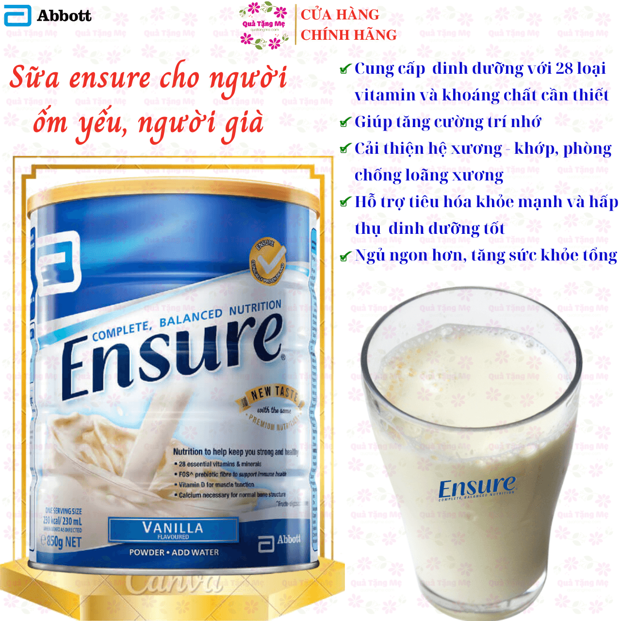 Sữa Ensure Úc hồi phục sức khỏe cho người già người ốm yếu suy dinh dưỡng người sau phẫu thuật QuaTangMe Extaste Mới